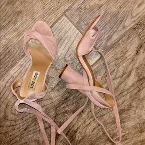 Blush pink suede chunky heels